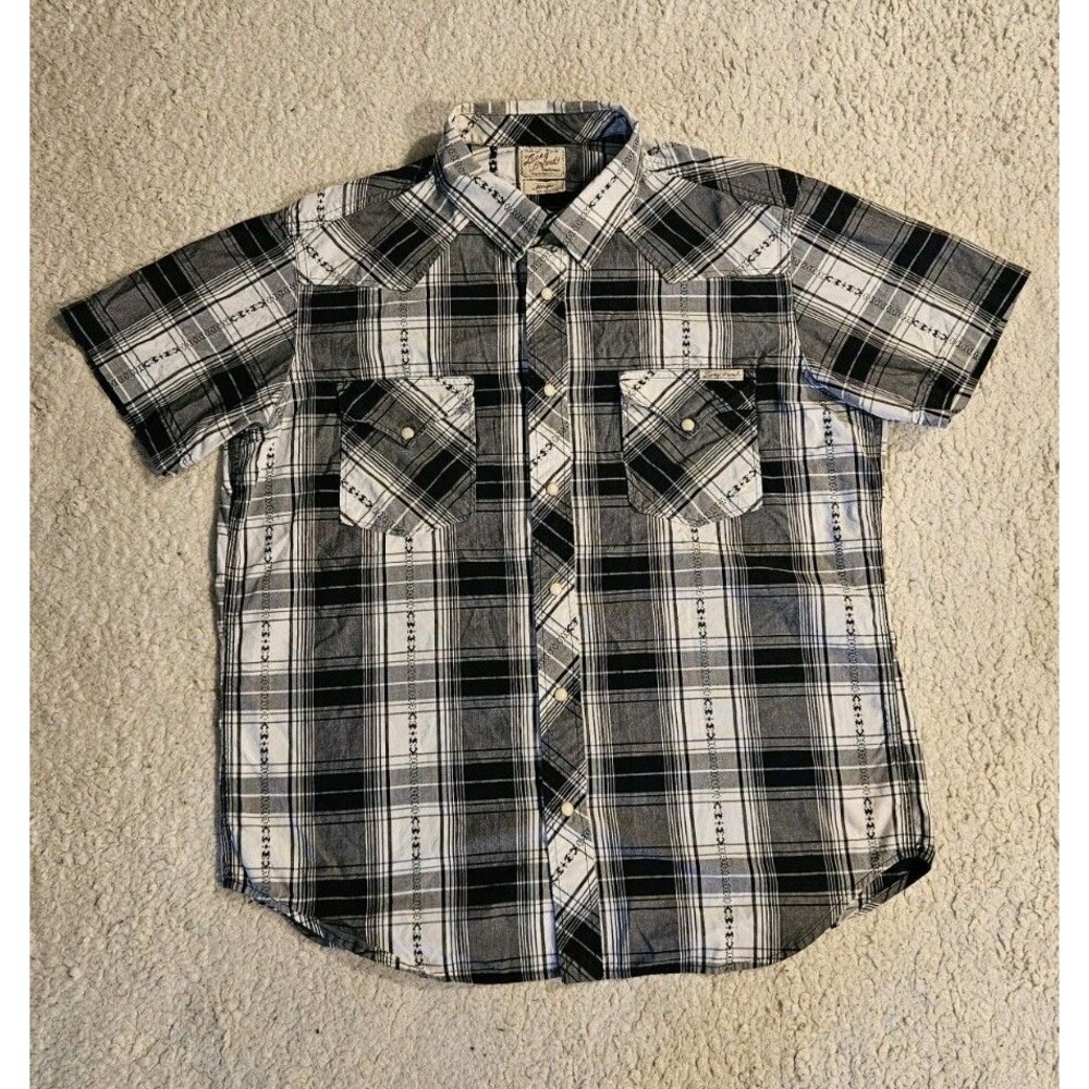 Lucky Brand Mens L 100% Cotton Pearl Snap Western Plaid Shirt Short Sleeve Black